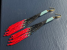 Load image into Gallery viewer, "Teal/Black/Red" Peyote Tube Handwoven Beaded Earrings