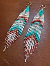 Load image into Gallery viewer, "Teal & Peach Feather" Handwoven Beaded Earrings