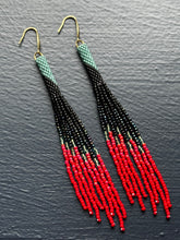 Load image into Gallery viewer, "Teal/Black/Red" Peyote Tube Handwoven Beaded Earrings