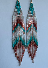 Load image into Gallery viewer, "Teal & Peach Feather" Handwoven Beaded Earrings