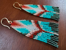 Load image into Gallery viewer, &quot;Red &amp; Teal Fan&quot; Handwoven Beaded Earrings
