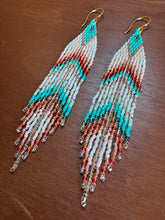 Load image into Gallery viewer, &quot;Teal &amp; Peach Feather&quot; Handwoven Beaded Earrings
