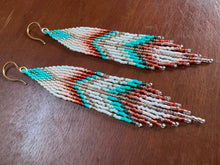 Load image into Gallery viewer, &quot;Teal &amp; Peach Feather&quot; Handwoven Beaded Earrings
