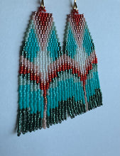 Load image into Gallery viewer, &quot;Red &amp; Teal Fan&quot; Handwoven Beaded Earrings
