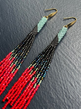 Load image into Gallery viewer, "Teal/Black/Red" Peyote Tube Handwoven Beaded Earrings
