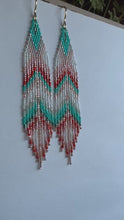 Load and play video in Gallery viewer, &quot;Teal &amp; Peach Feather&quot; Handwoven Beaded Earrings
