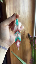 Load and play video in Gallery viewer, &quot;Teal &amp; Peach Feather&quot; Handwoven Beaded Earrings
