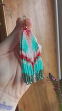 Load and play video in Gallery viewer, &quot;Red &amp; Teal Fan&quot; Handwoven Beaded Earrings
